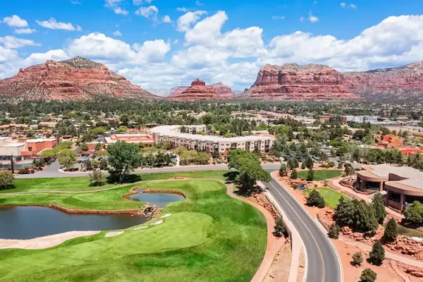 Aerial view of Hilton Sedona Resort at Bell rock and surrounding landscape