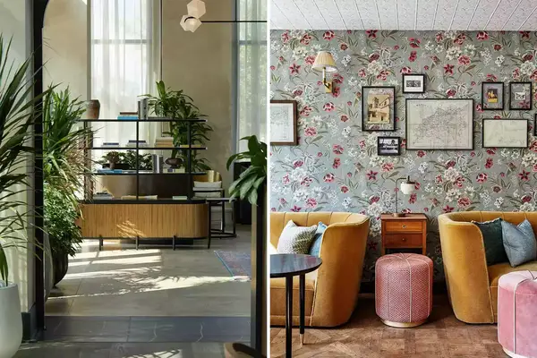 Pair of photos showing hotel restaurant and bar interior from the Thompson Savannah and The Hoxton Paris