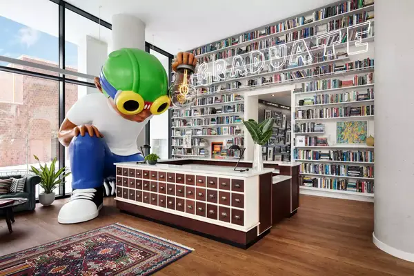 A large sculpture in the lobby of a hotel on Roosevelt Island