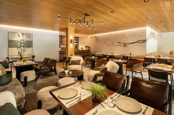 Indoor view of a stylish dining area with arranged tables and chairs modern decor and a bar in the background