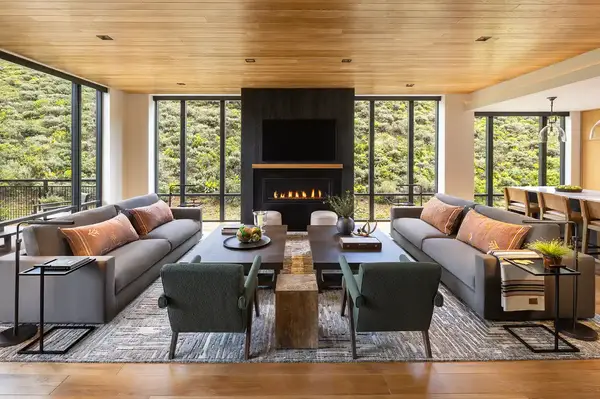 Modern living room with sofas fireplace and wide windows showing greenery