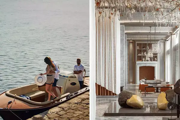 Two photos from the One & Only Portonovi, Montenegro hotel, including guests boarding a boat, and an ornate lobby