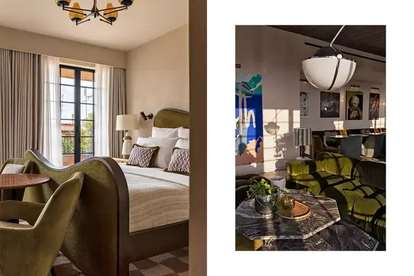 Pair of photos from Soho House hotel in Rome, one showing a guest room, and one showing a lounge with a green couch