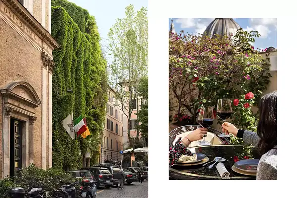 Pair of photos from Rome, one showing a greenery covered hotel exterior, and one showing two glasses of red wine during a toast
