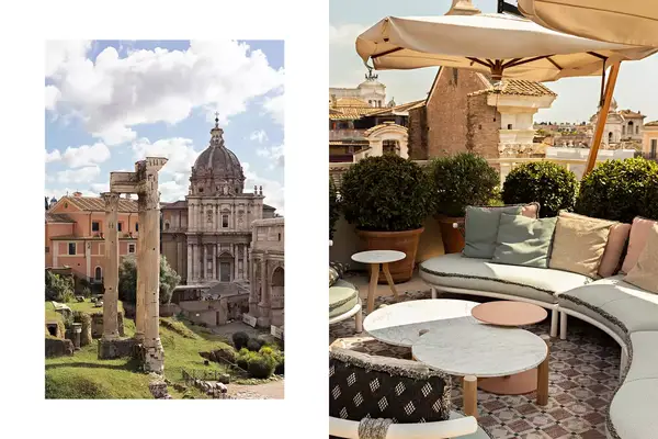 Pair of photos from Rome, one showing the forum, and one showing the rooftop of a hotel
