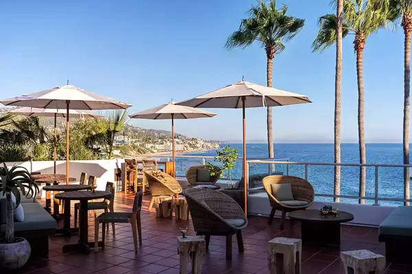 terrace with white umbrellas and beach side view with green palm trees