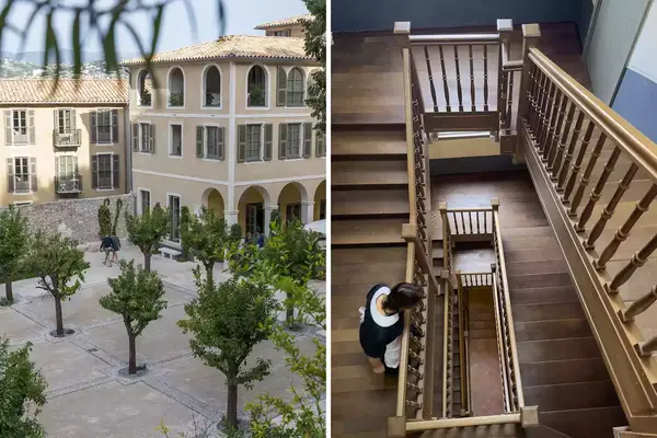Pair of photos from Hotel du Couvent in Nice, France, one showing a courtyard and one showing a wooden staircase