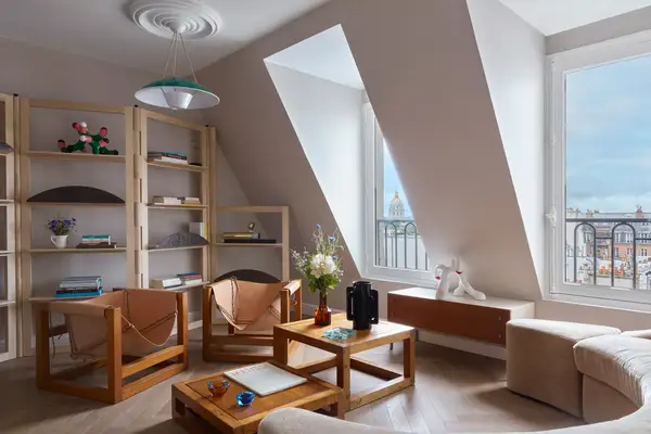 A hotel room seating area