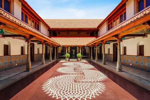A heritage style hotel courtyard in India