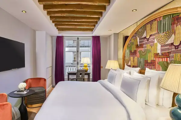 A colorful hotel room. 