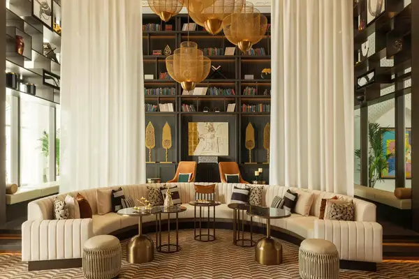 A seating area inside a hotel. 