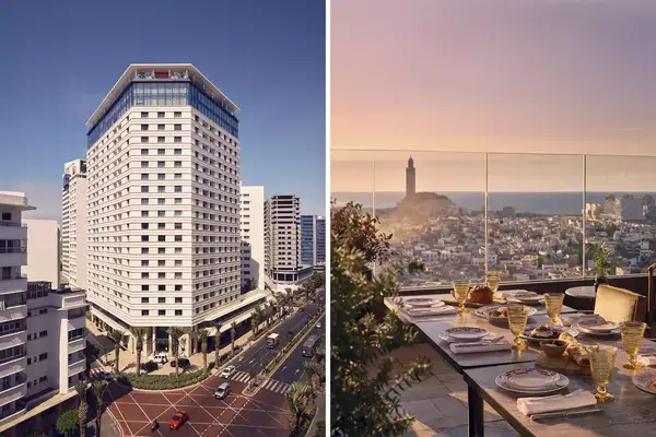 Pair of photos from the Royal Mansour Casablanca, one showing the exterior, and one showing city views from the rooftop