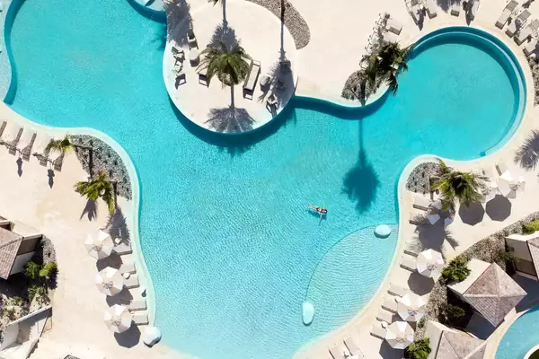 aerial view of an organic shaped pool with blue water on a sunny day