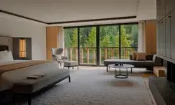 Upscale hotel room with a bed seating area and large windows overlooking trees