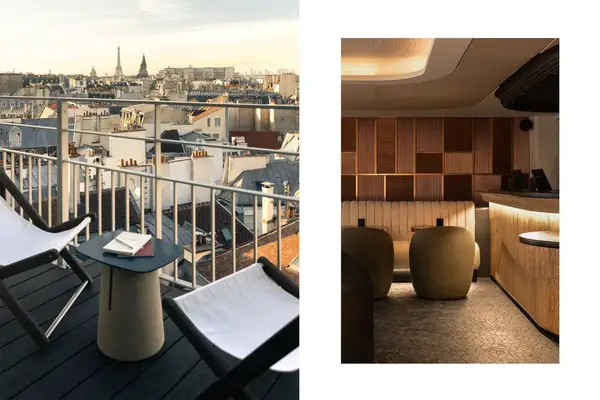 View from a guest room terrace and the lobby at HÃ´tel Dame Des Arts in Paris, France