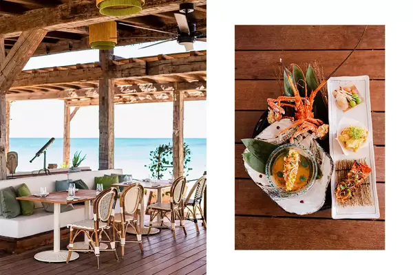 Seating at a beachside restaurant; a lobster seafood dish 