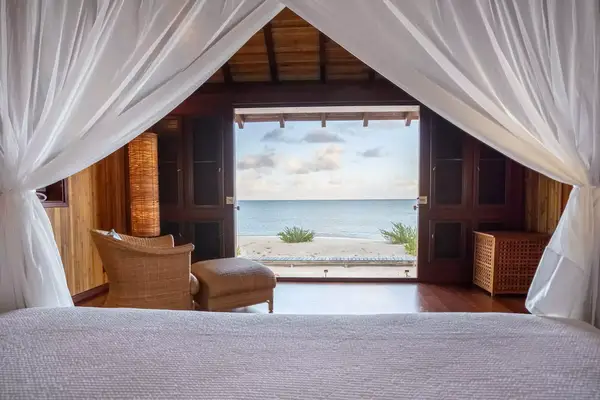 A hotel room with a view of the beach 