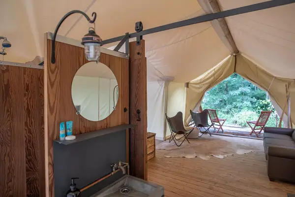 Interior of a tent at Under Canvas Great Smokey Mountains