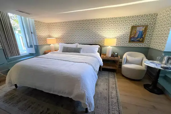 Wide angle view of guest room interior at Blue Rock in Washington, Virginia 