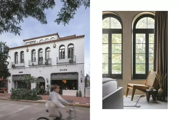 Exterior view of the Drift Hotel Santa Barbara with a blurred figure on a bike and an interior details view of a chair and side table by a window.