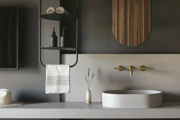 Vanity space in bathroom of a Standard Premium room at Drift Hotel Santa Barbara 