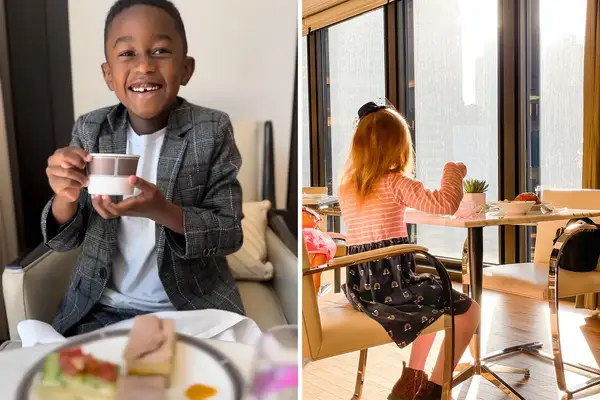 Children enjoying a meal in a bright dining setting