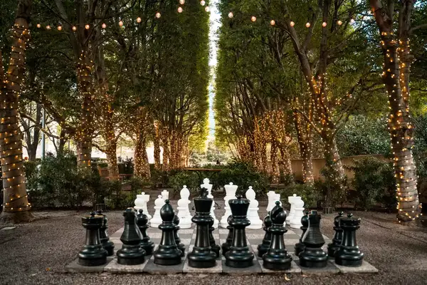 Large chess pieces at the Marie Gabrielle Gardens in Harwood District of Dallas