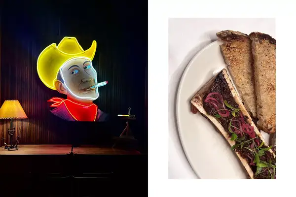 Neon art of a cowboy and the bone marrow dish at Stillwell