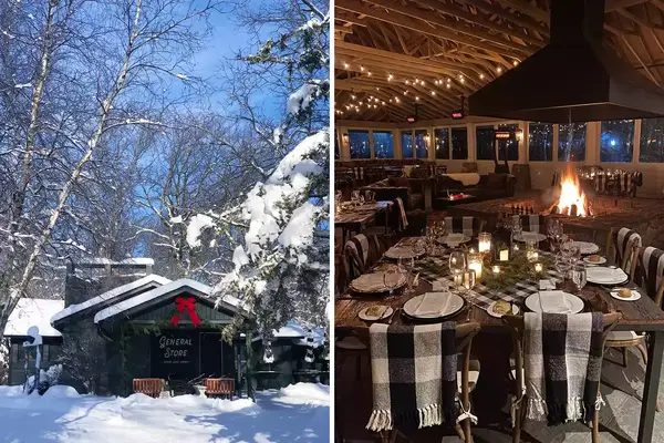Two scenes showing a snowy exterior of a general store and a cozy dining table setup indoors