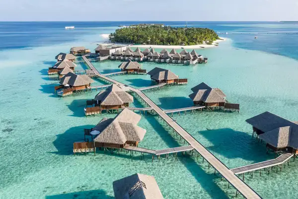 Aerial view of over water bungalows