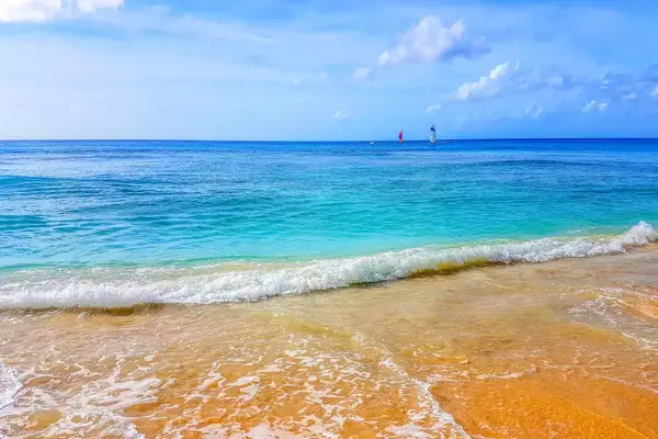 Golden sand beach and blue waves at Paynes Bay
