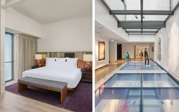 Contemporary hotel room with crisp white bedding and airy hallway with art on walls