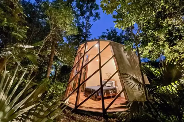 Looking into the Boutique Jungle Pod in Tulum, Quintana Roo, Mexico at night