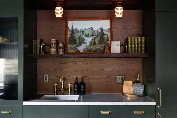 Details of the interior kitchenette sink and cabinet at Noble + Proper at Big Bear Lake in California