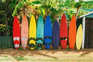 Some Old surfboards lined up as a fence in Hippie Town. Paia, Maui, Hawaii.