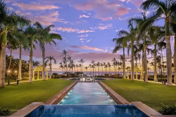 A sunset view with a row of palm trees and a reflecting pool leading to the ocean