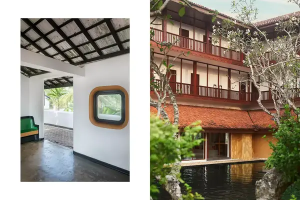 Pair of photos from Sri Lanka, one showing a train station interior, and one showing a hotel courtyard