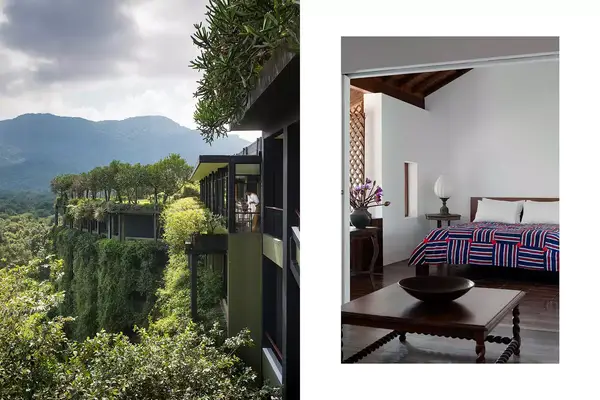 Pair of photos from Sri Lanka, one showing a greenery covered hotel exterior and one showing a bedroom