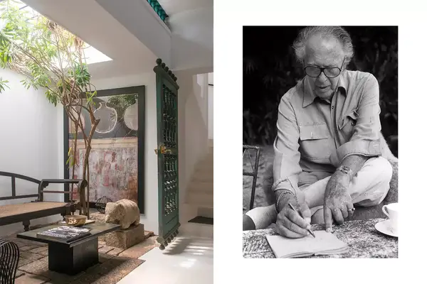 Pair of photos from Sri Lanka, one showing the interior of architect Geoffrey Bawa