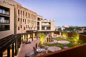 Aerial view of the back lawn of Hotel Chaco