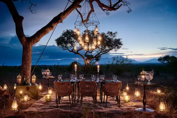 Outdoor dining table at night