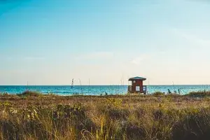 View of a lifeguard stand on the beach in Sarasota, Florida