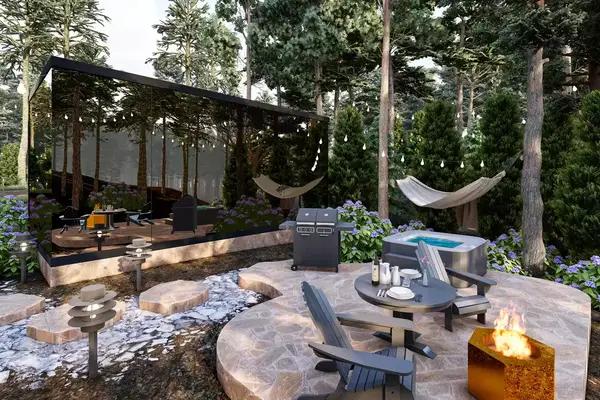 Exterior of the Bolt Farms Invisible Cabins with hot tub and fire pit