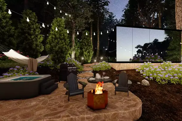 Exterior of the Bolt Farms Invisible Cabins with hot tub and fire pit