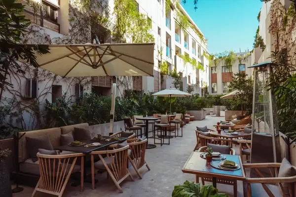 Outdoor dining area with tables, chairs, and umbrellas, surrounded by buildings and green plants, creating a courtyard setting