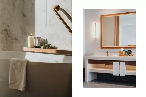 A guest room bathroom at the SHA Wellness Center in Mexico