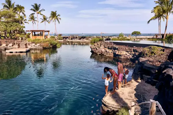 A family standing on the side of a Lagoon at Four Seasons Hualalai