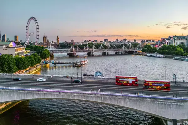 Waterloo Bridge, London at night from a drone perspective