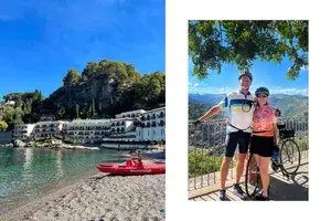 A beach in Sicily and Caren Osten and husband with their bikes