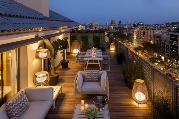 Aerial view of the Majestic Royal Penthouse terrace Paseo de Gracia By Night 
